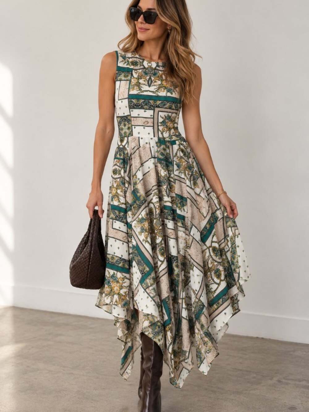 Suzy Shier Scarf Print Handkerchief Hem Dress - XS